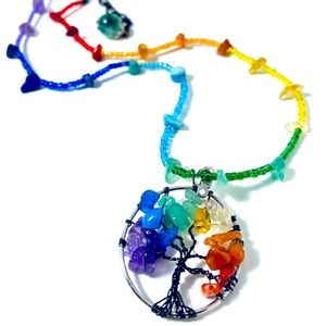 Chakra rainbow crystal tree of life necklace